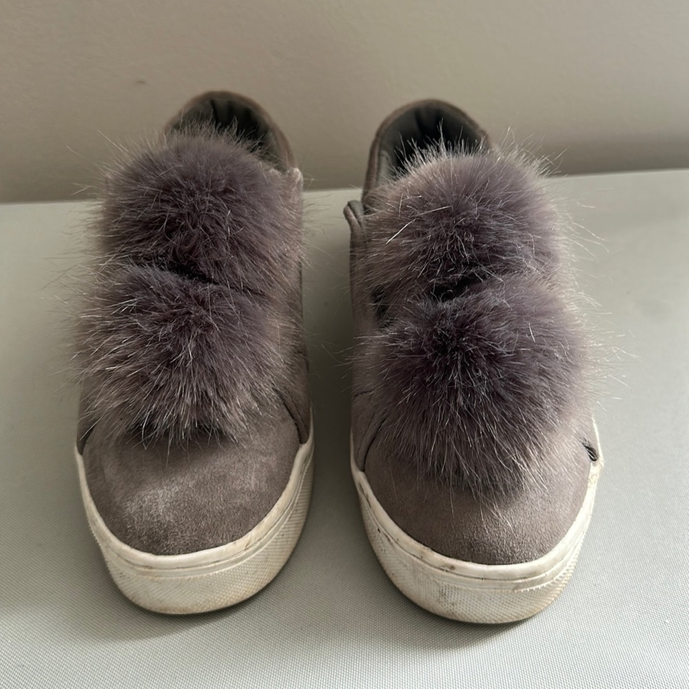 Sam Edelman suede gray slip ons with pompom